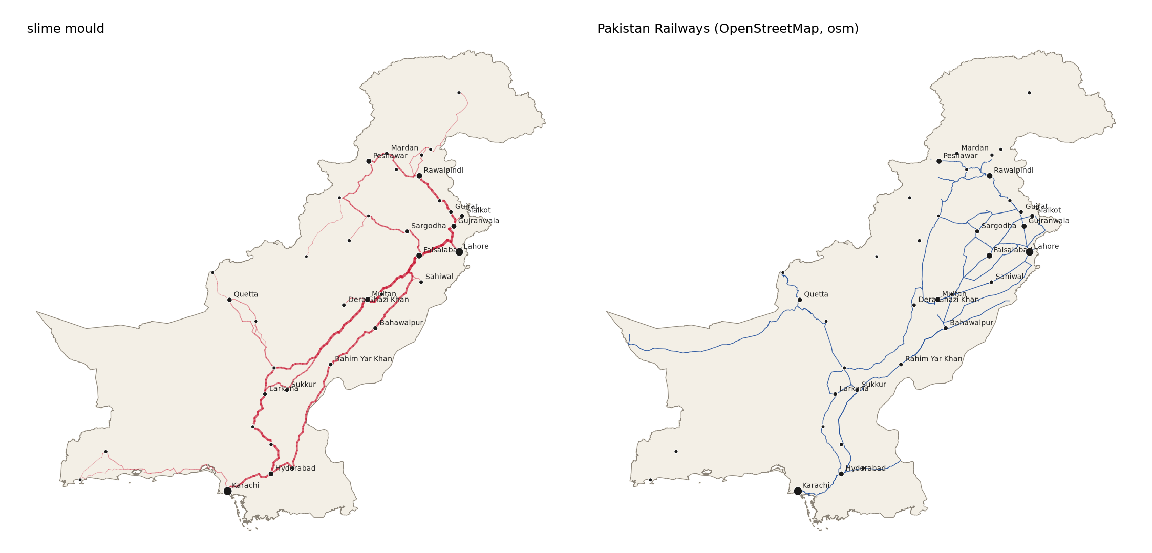 Slime mould on the left, the real Pakistan Railways network from OpenStreetMap on the right